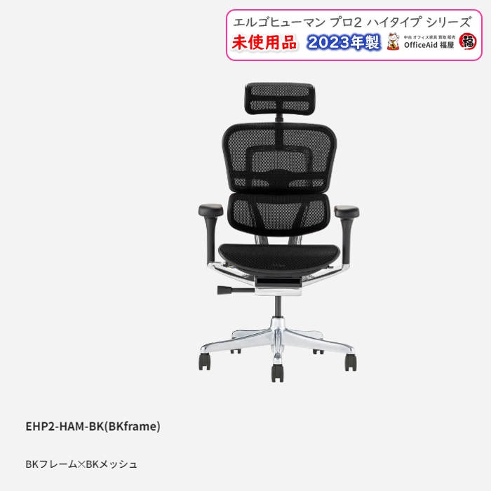 関家具 エルゴヒューマンプロ2ハイタイプシリーズ オフィスチェア EHP2-HAM-BF-BK ヘッドレスト付き 本体：ブラック/フレーム：ブラック 2023年製 未使用品