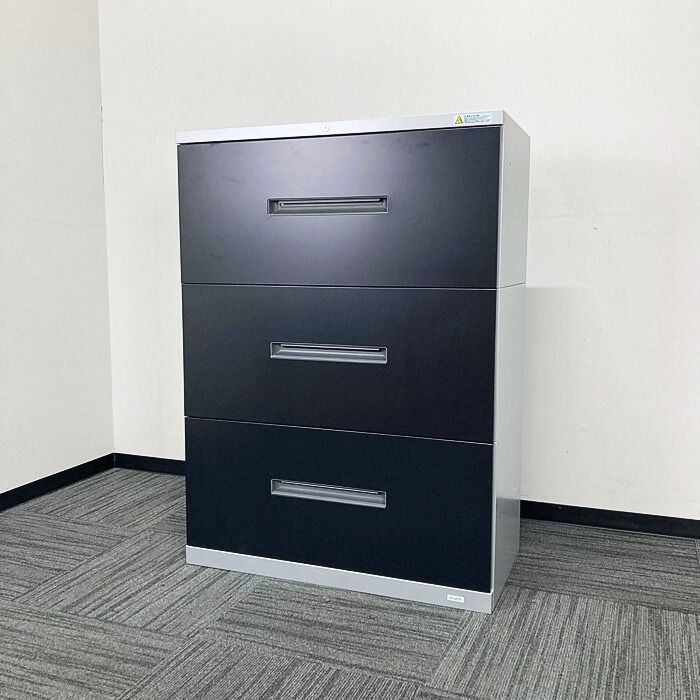 オカムラ ビラージュシリーズ 3段ラテラルキャビネット 8VSR12 W800×D400×H1100 引き出し：ブラック/本体：シルバー 中古 ⑳